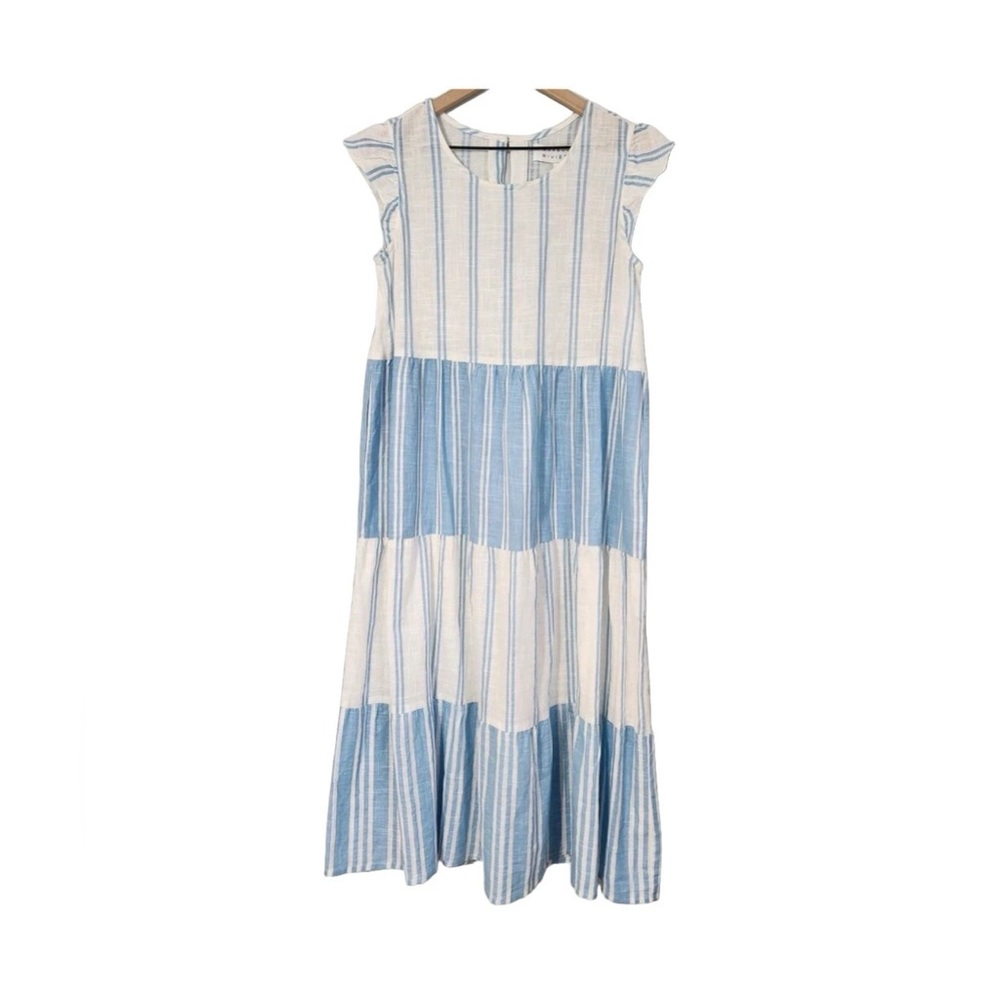 MARGAUX RIVIERA L Midi Stripe Tiered Cotton Dress Pockets Relaxed Blue White - Picture 2 of 7